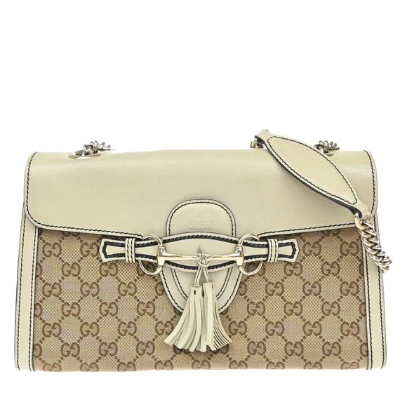GUCCI Logo Emily GG Pattern Chain Shoulder Bag Canvas Leather Brown 498-082025 - Picture 1 of 15